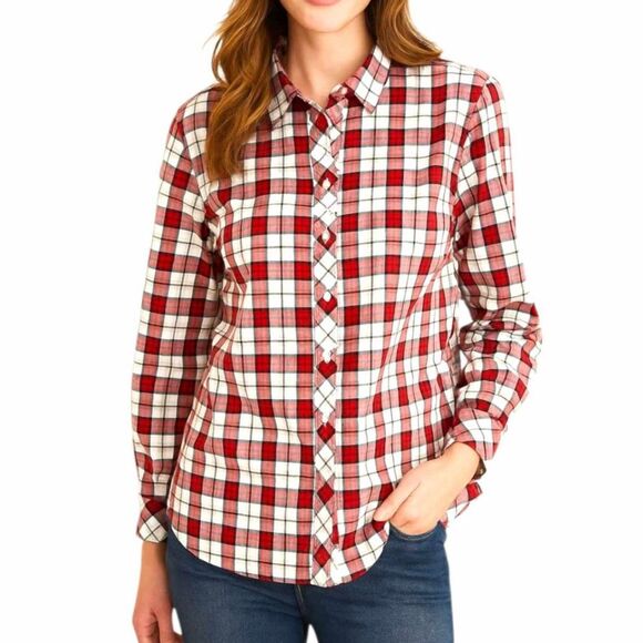 Talbots Tops - Talbots Plaid Button up Shirt Metallic Blouse Top Red White Black Cotton Size L